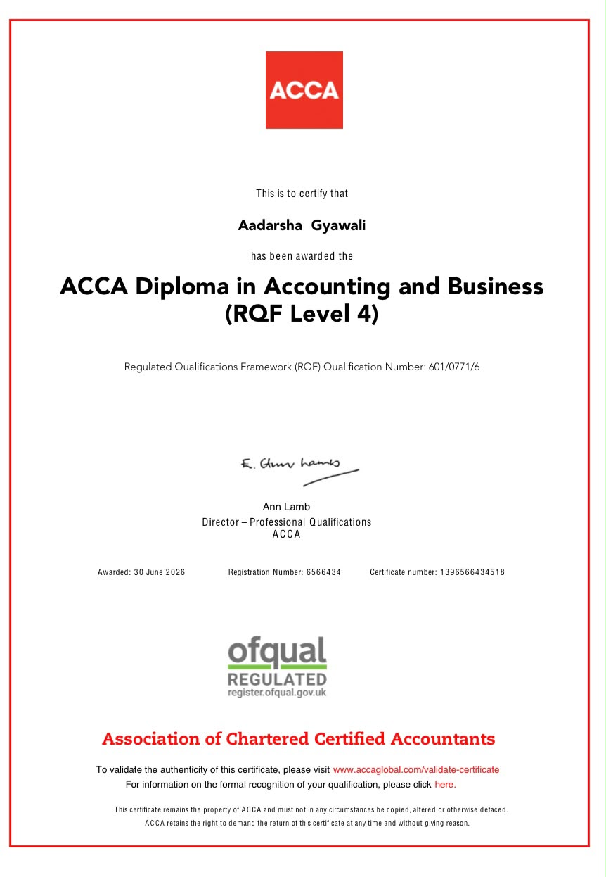 ACCA exam pass certificate
