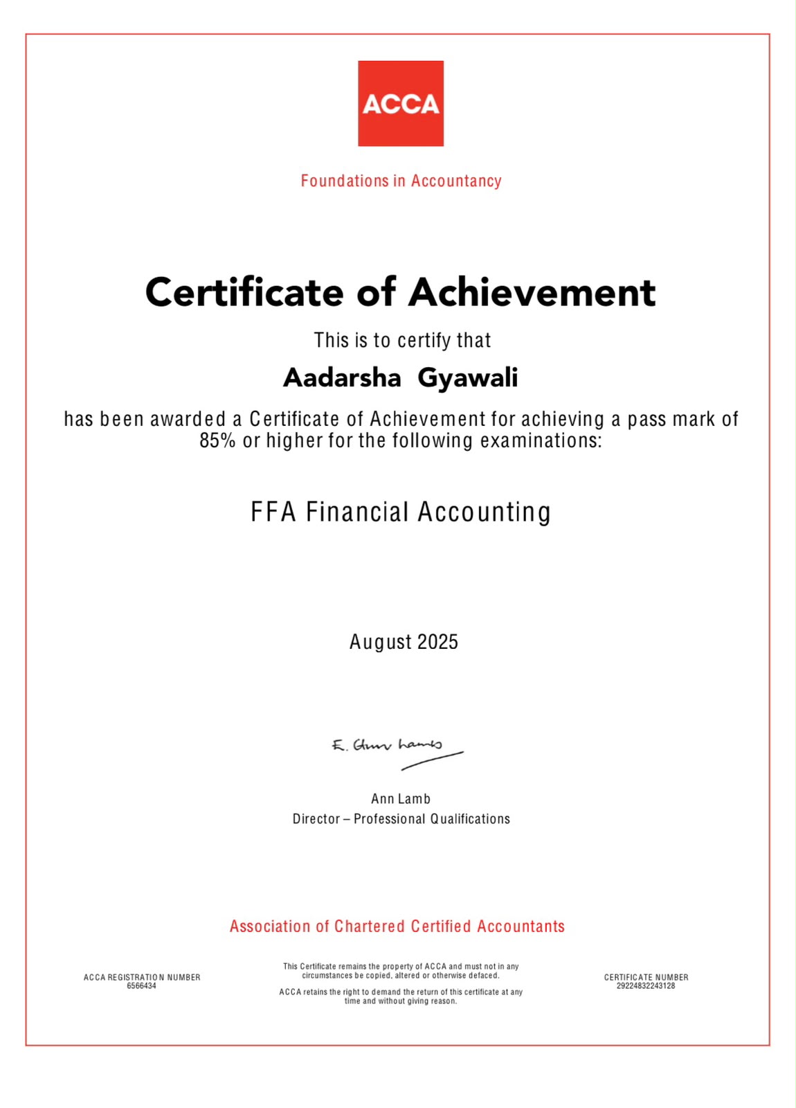 Excel or finance course certificate